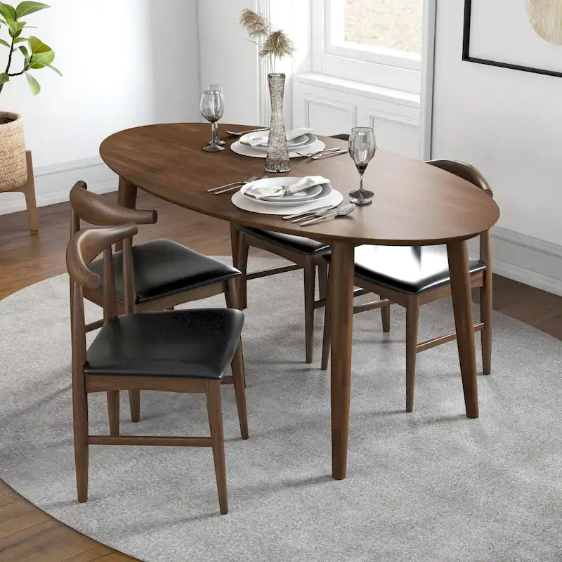 Table de salle à manger ovale 170 cm en bois massif, Marron, Pieds évasés, Pour 4 personnes, Style Mid-Century Modern