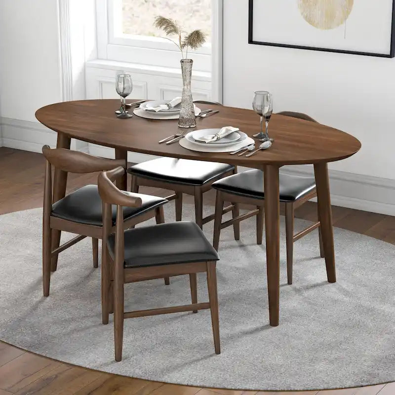Table de salle à manger ovale 170 cm en bois massif, Marron, Pieds évasés, Pour 4 personnes, Style Mid-Century Modern