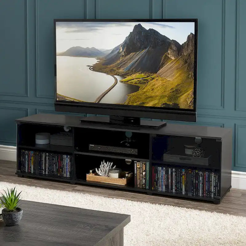 Meuble TV noir avec portes en verre trempé et étagère réglable, convient aux téléviseurs jusqu'à 85 po