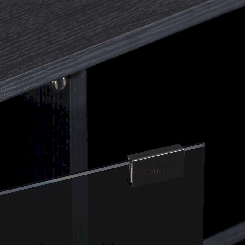 Meuble TV noir avec portes en verre trempé et étagère réglable, convient aux téléviseurs jusqu'à 85 po