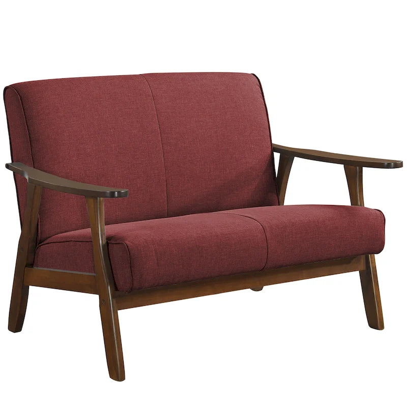 Causeuse en lin moderne du milieu du siècle avec cadre et pieds en bois, 2 places — Gris / Rouge
