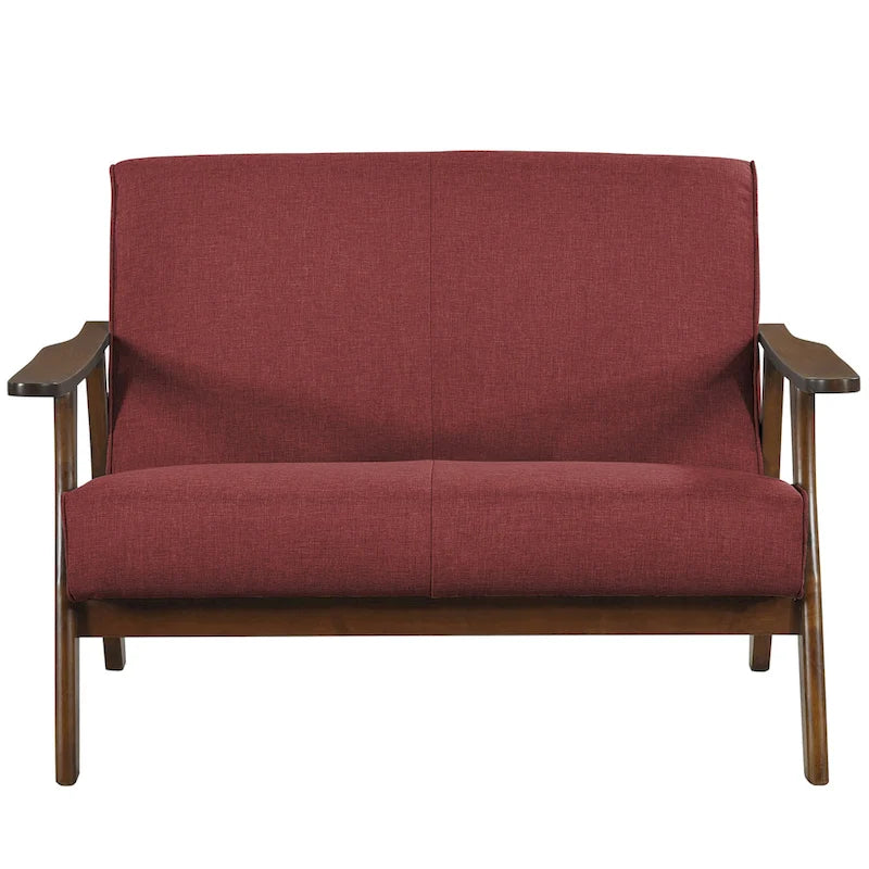 Causeuse en lin moderne du milieu du siècle avec cadre et pieds en bois, 2 places — Gris / Rouge