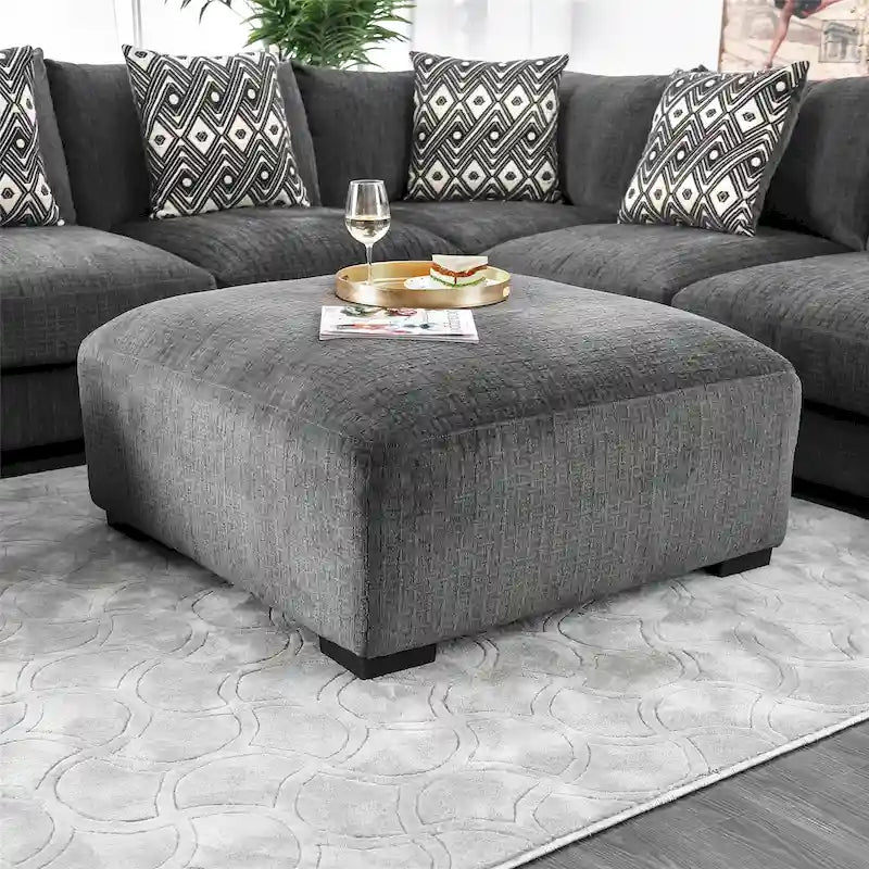 Ottoman de cocktail contemporain en chenille grise/beige avec pieds en bois massif, simple
