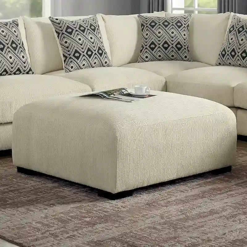 Ottoman de cocktail contemporain en chenille grise/beige avec pieds en bois massif, simple