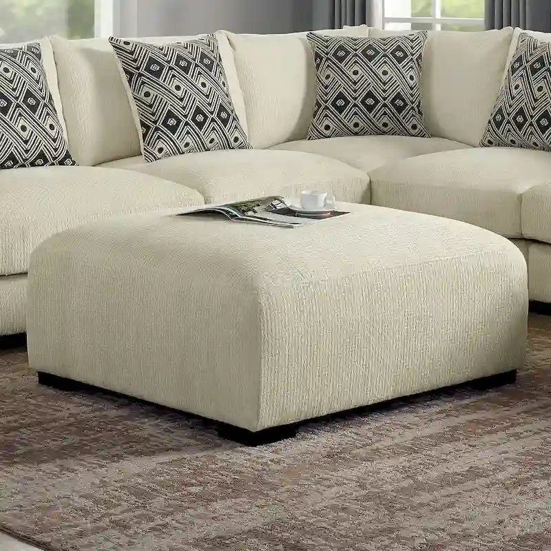 Ottoman de cocktail contemporain en chenille grise/beige avec pieds en bois massif, simple