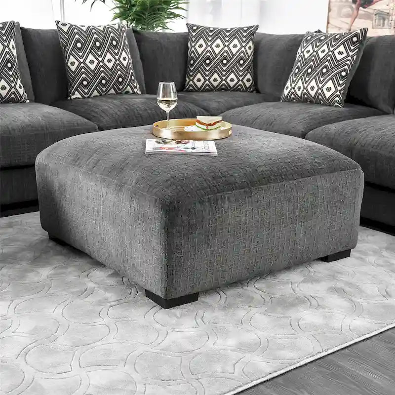 Ottoman de cocktail contemporain en chenille grise/beige avec pieds en bois massif, simple