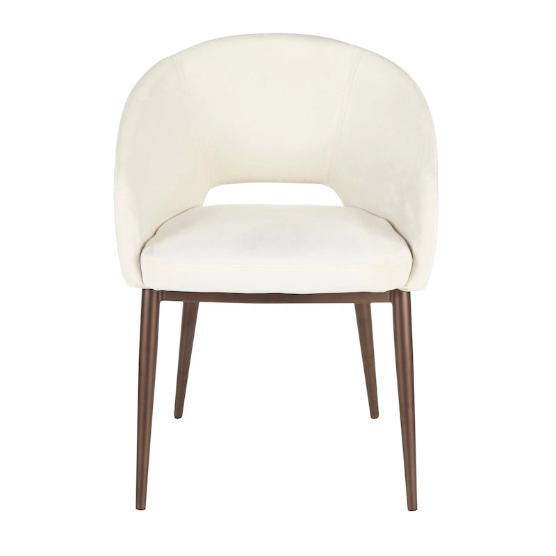 Chaise de salle à manger contemporaine en forme de tonneau, crème / velours bleu / argenté / similicuir blanc, pieds en cuivre, vendue à l'unité