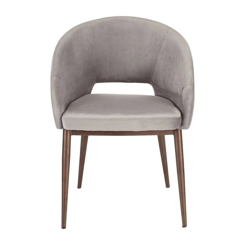 Chaise de salle à manger contemporaine en forme de tonneau, crème / velours bleu / argenté / similicuir blanc, pieds en cuivre, vendue à l'unité