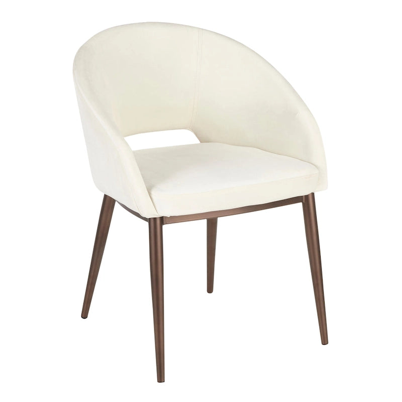 Chaise de salle à manger contemporaine en forme de tonneau, crème / velours bleu / argenté / similicuir blanc, pieds en cuivre, vendue à l'unité