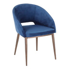 Chaise de salle à manger contemporaine en forme de tonneau, crème / velours bleu / argenté / similicuir blanc, pieds en cuivre, vendue à l'unité