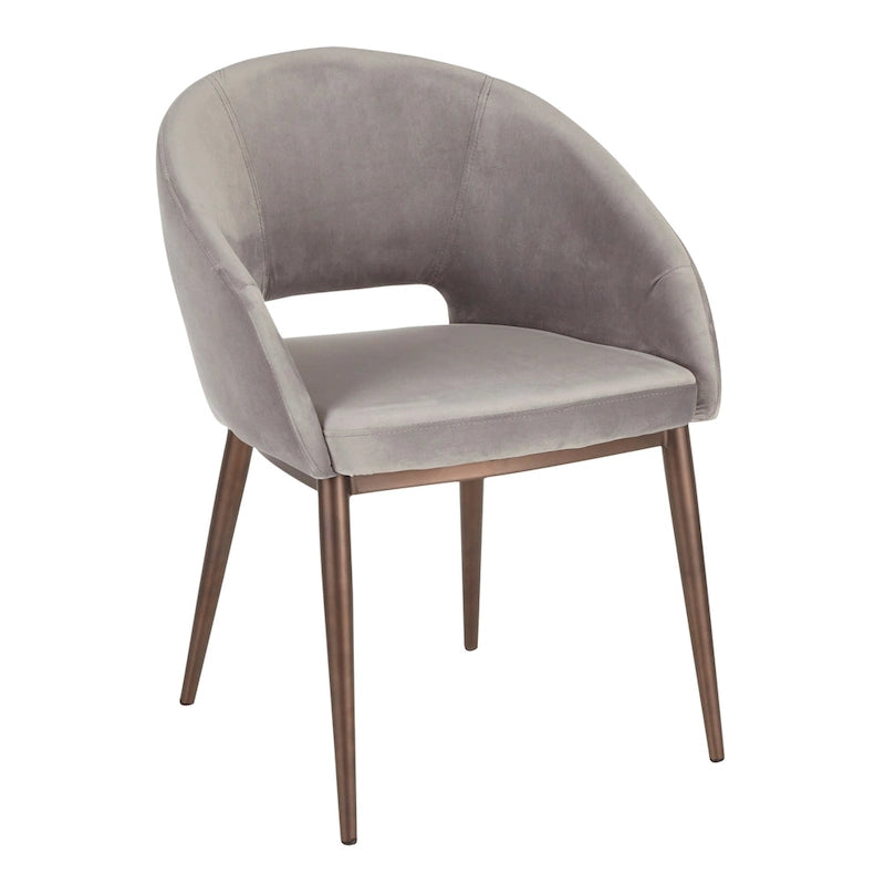 Chaise de salle à manger contemporaine en forme de tonneau, crème / velours bleu / argenté / similicuir blanc, pieds en cuivre, vendue à l'unité