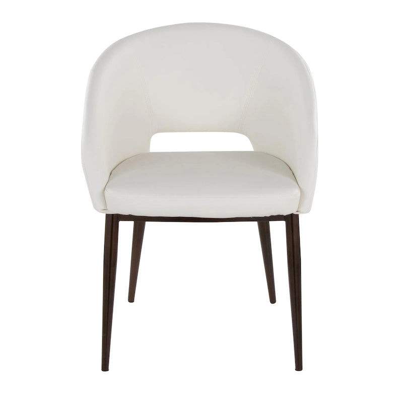Chaise de salle à manger contemporaine en forme de tonneau, crème / velours bleu / argenté / similicuir blanc, pieds en cuivre, vendue à l'unité