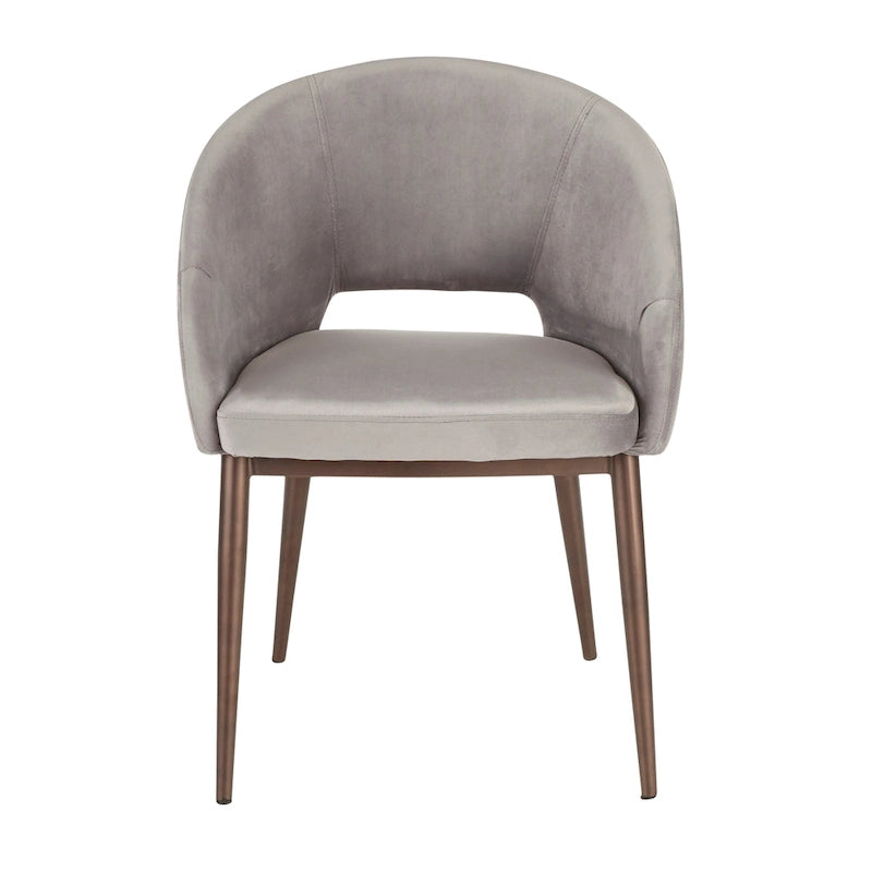 Chaise de salle à manger contemporaine en forme de tonneau, crème / velours bleu / argenté / similicuir blanc, pieds en cuivre, vendue à l'unité