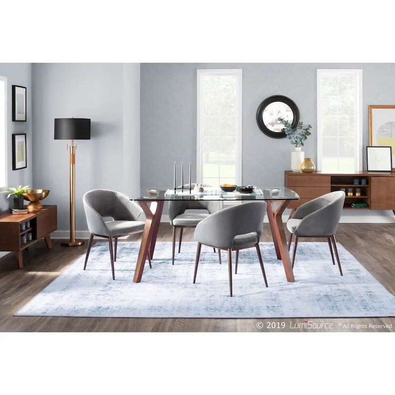 Chaise de salle à manger contemporaine en forme de tonneau, crème / velours bleu / argenté / similicuir blanc, pieds en cuivre, vendue à l'unité