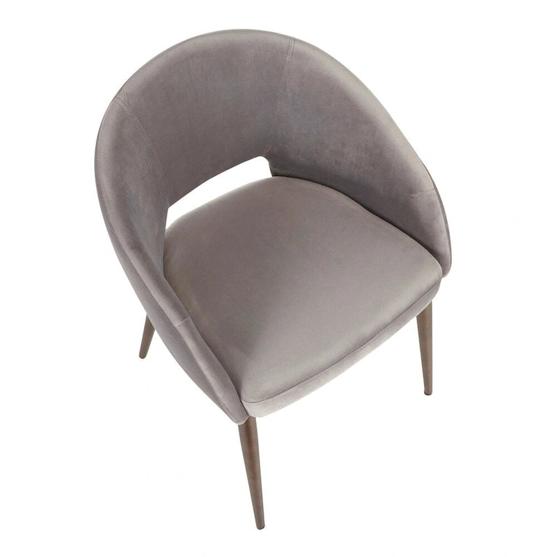 Chaise de salle à manger contemporaine en forme de tonneau, crème / velours bleu / argenté / similicuir blanc, pieds en cuivre, vendue à l'unité