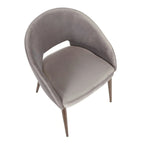 Chaise de salle à manger contemporaine en forme de tonneau, crème / velours bleu / argenté / similicuir blanc, pieds en cuivre, vendue à l'unité