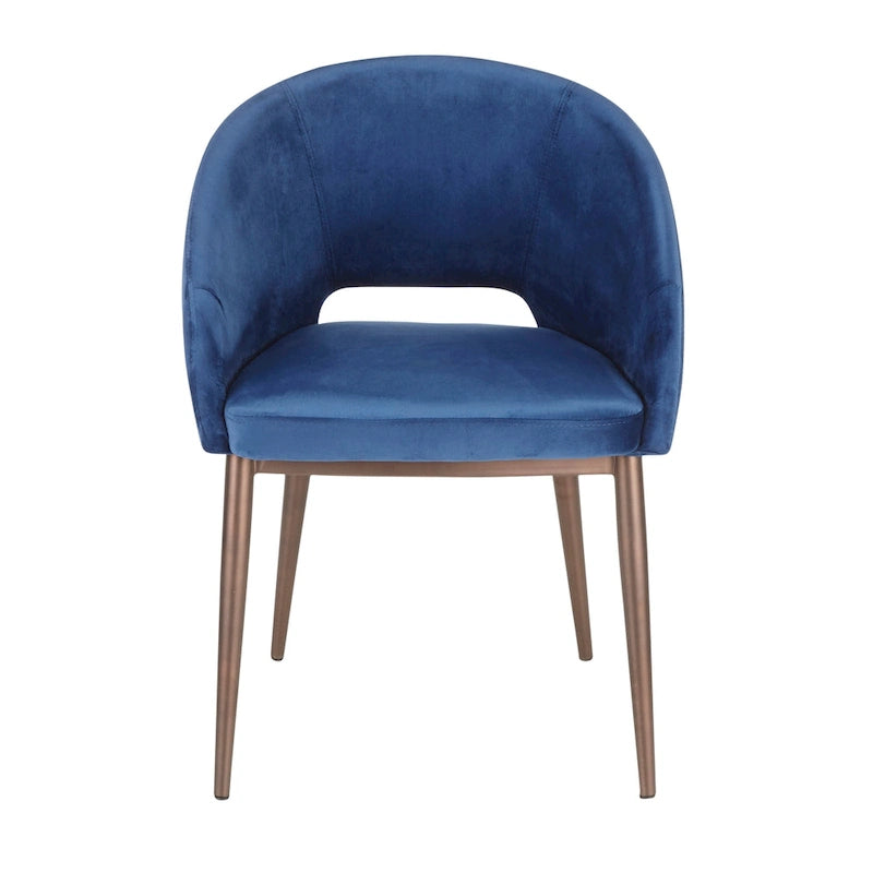 Chaise de salle à manger contemporaine en forme de tonneau, crème / velours bleu / argenté / similicuir blanc, pieds en cuivre, vendue à l'unité