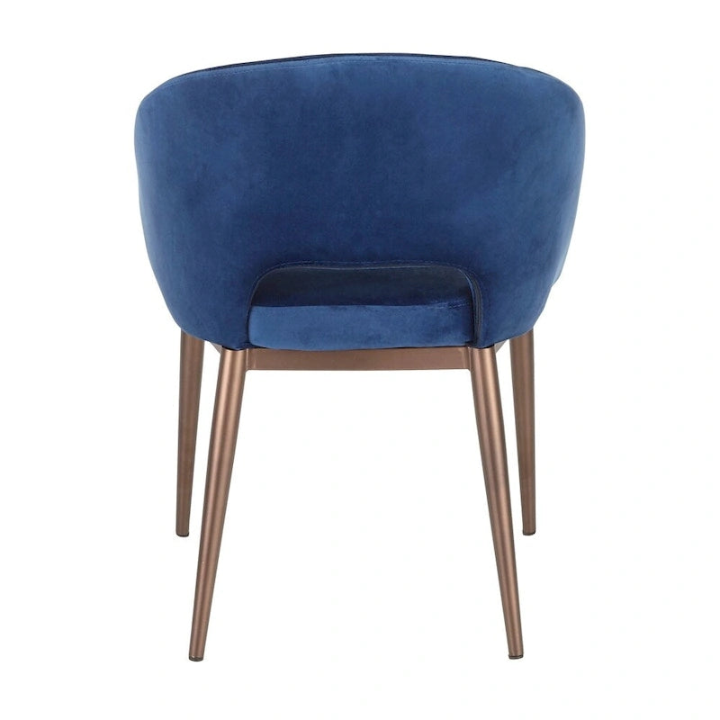 Chaise de salle à manger contemporaine en forme de tonneau, crème / velours bleu / argenté / similicuir blanc, pieds en cuivre, vendue à l'unité