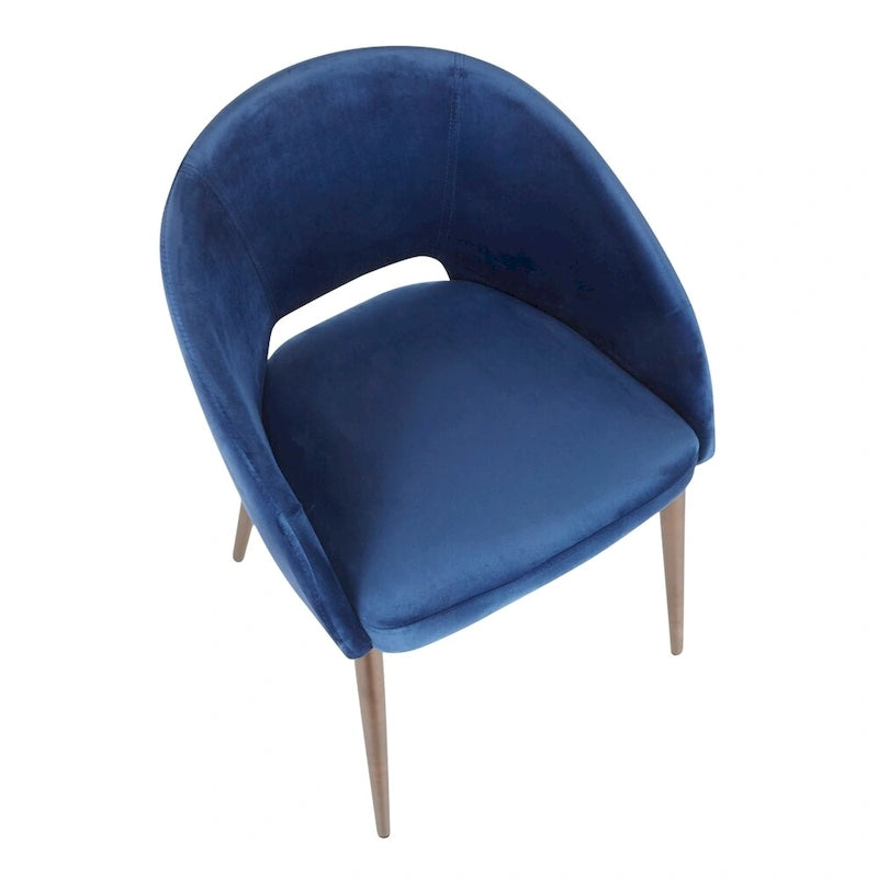 Chaise de salle à manger contemporaine en forme de tonneau, crème / velours bleu / argenté / similicuir blanc, pieds en cuivre, vendue à l'unité