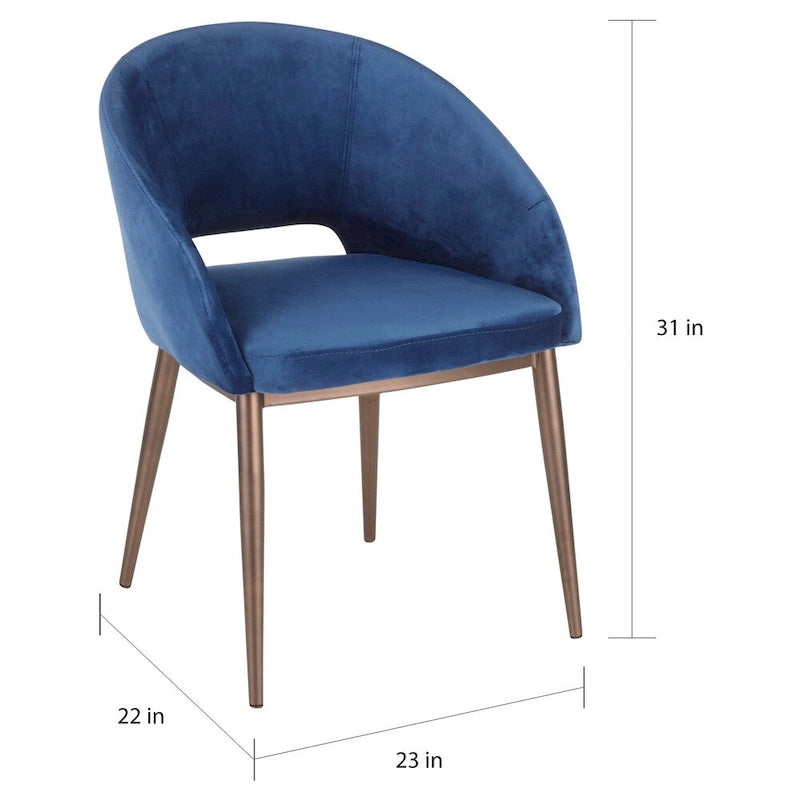 Chaise de salle à manger contemporaine en forme de tonneau, crème / velours bleu / argenté / similicuir blanc, pieds en cuivre, vendue à l'unité