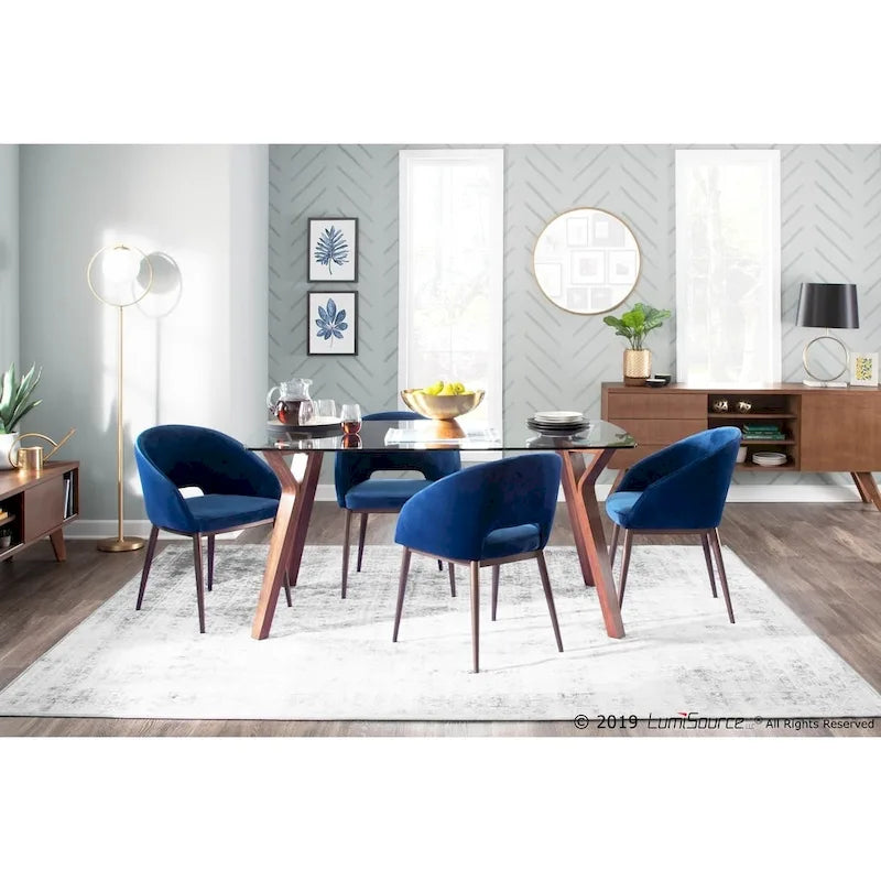 Chaise de salle à manger contemporaine en forme de tonneau, crème / velours bleu / argenté / similicuir blanc, pieds en cuivre, vendue à l'unité