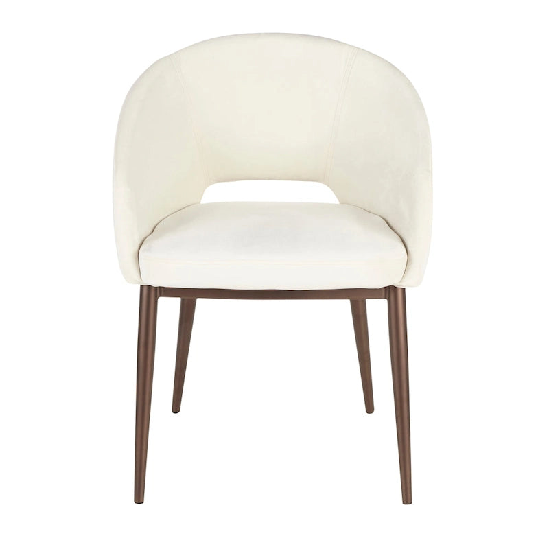 Chaise de salle à manger contemporaine en forme de tonneau, crème / velours bleu / argenté / similicuir blanc, pieds en cuivre, vendue à l'unité