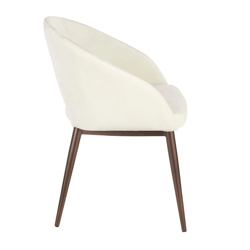 Chaise de salle à manger contemporaine en forme de tonneau, crème / velours bleu / argenté / similicuir blanc, pieds en cuivre, vendue à l'unité