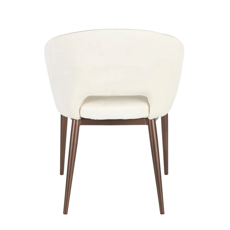Chaise de salle à manger contemporaine en forme de tonneau, crème / velours bleu / argenté / similicuir blanc, pieds en cuivre, vendue à l'unité