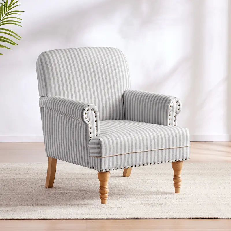 Fauteuil club moderne en lin gris/marron/bleu/bleu foncé avec accoudoirs arrondis et pieds en bois, un seul