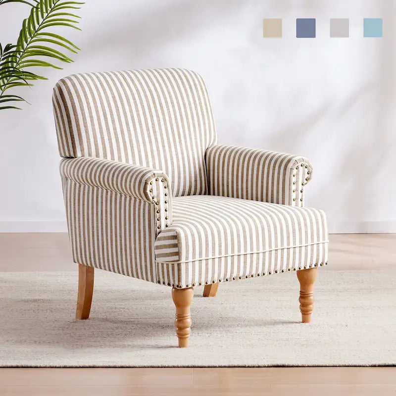 Fauteuil club moderne en lin gris/marron/bleu/bleu foncé avec accoudoirs arrondis et pieds en bois, un seul