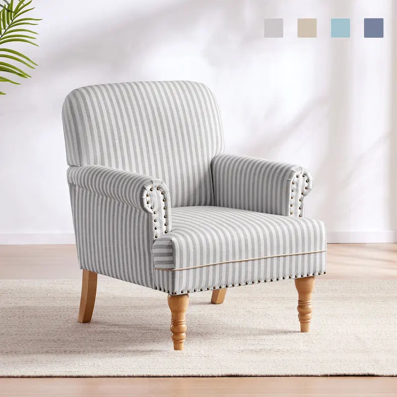 Fauteuil club moderne en lin gris/marron/bleu/bleu foncé avec accoudoirs arrondis et pieds en bois, un seul