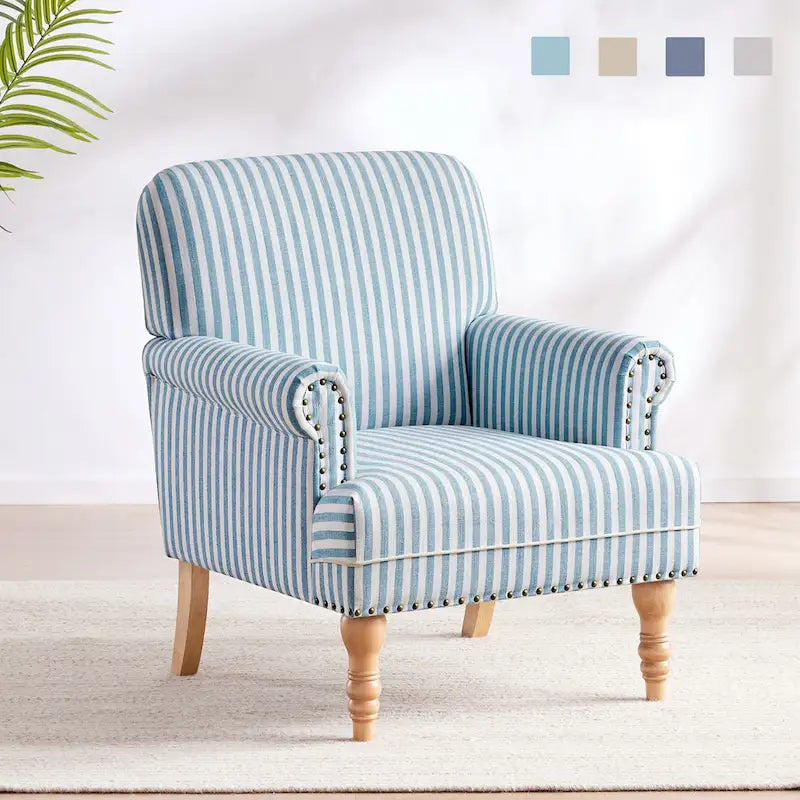 Fauteuil club moderne en lin gris/marron/bleu/bleu foncé avec accoudoirs arrondis et pieds en bois, un seul