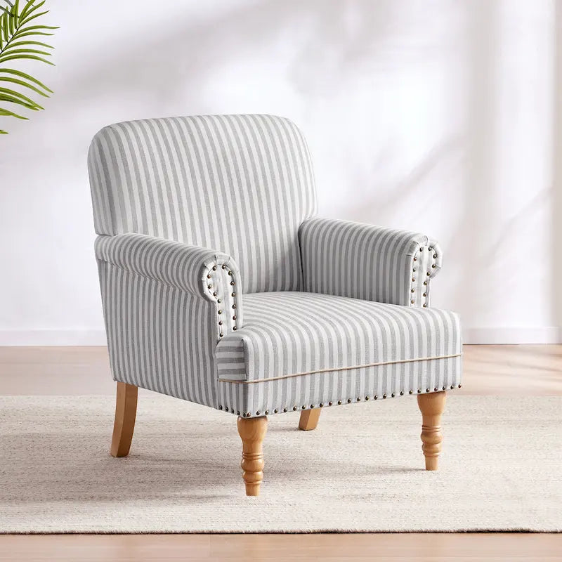 Fauteuil club moderne en lin gris/marron/bleu/bleu foncé avec accoudoirs arrondis et pieds en bois, un seul