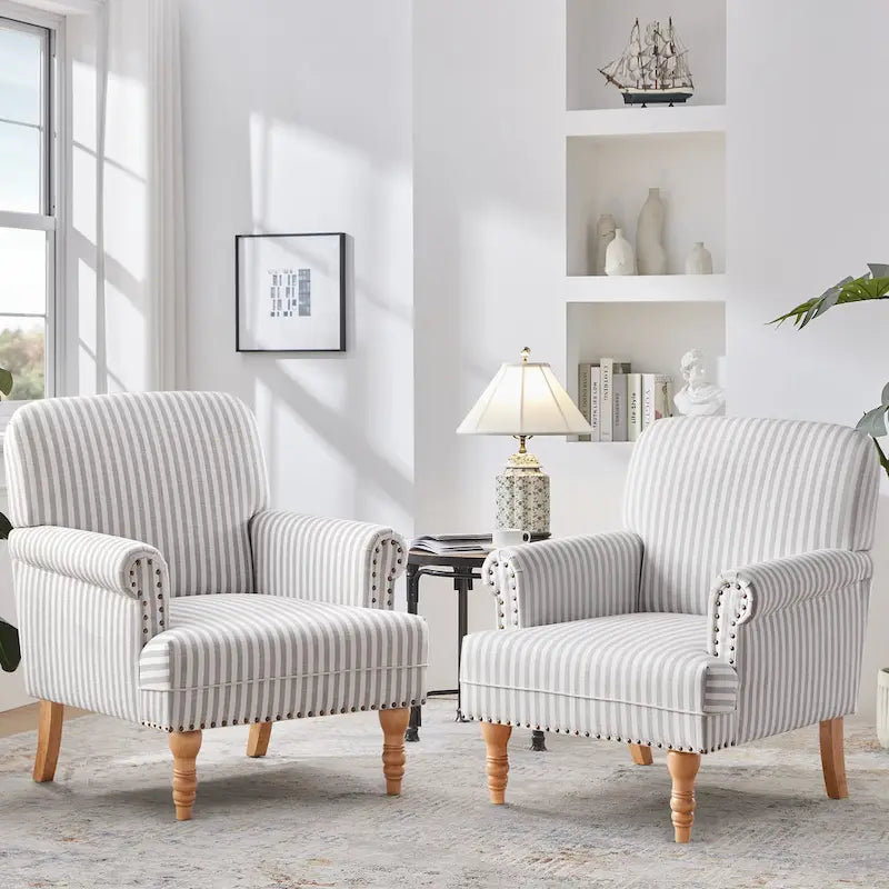 Fauteuil club moderne en lin gris/marron/bleu/bleu foncé avec accoudoirs arrondis et pieds en bois, un seul