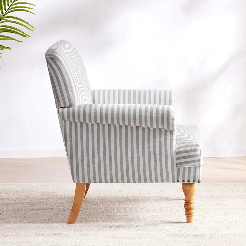 Fauteuil club moderne en lin gris/marron/bleu/bleu foncé avec accoudoirs arrondis et pieds en bois, un seul