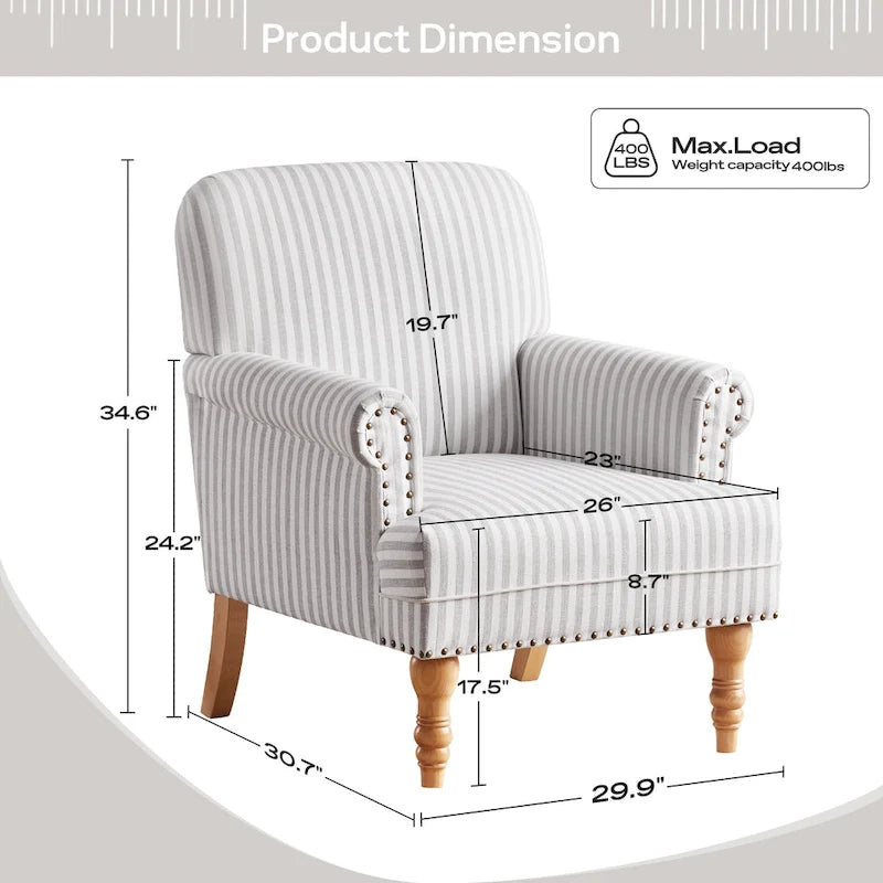 Fauteuil club moderne en lin gris/marron/bleu/bleu foncé avec accoudoirs arrondis et pieds en bois, un seul
