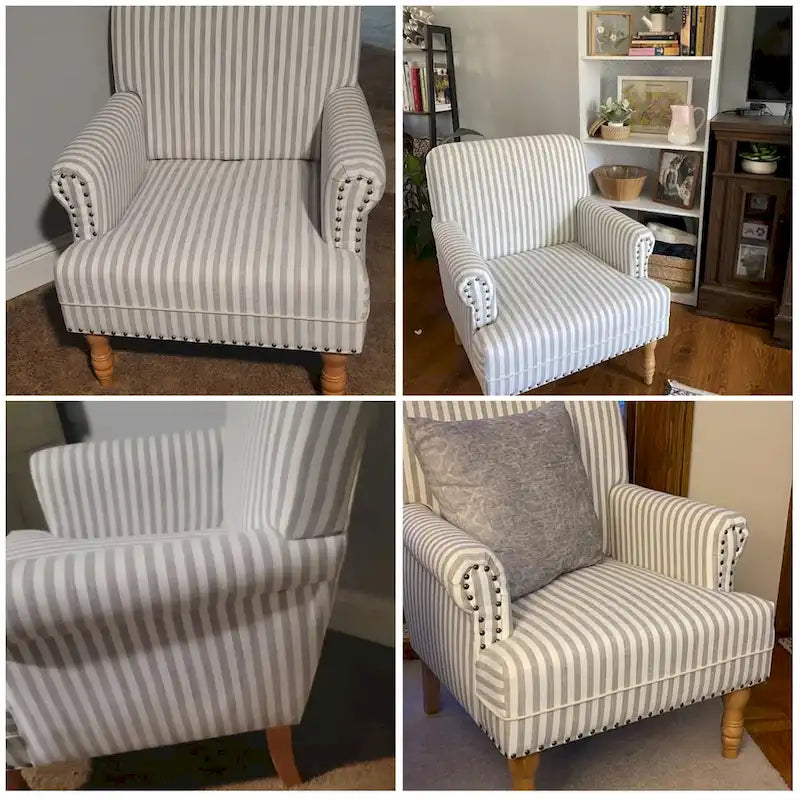Fauteuil club moderne en lin gris/marron/bleu/bleu foncé avec accoudoirs arrondis et pieds en bois, un seul