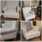 Fauteuil club moderne en lin gris/marron/bleu/bleu foncé avec accoudoirs arrondis et pieds en bois, un seul