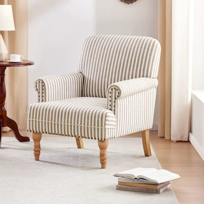 Fauteuil club moderne en lin gris/marron/bleu/bleu foncé avec accoudoirs arrondis et pieds en bois, un seul