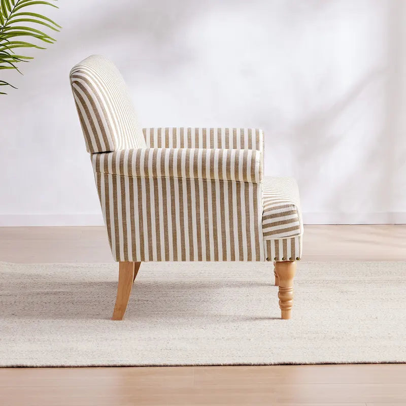Fauteuil club moderne en lin gris/marron/bleu/bleu foncé avec accoudoirs arrondis et pieds en bois, un seul