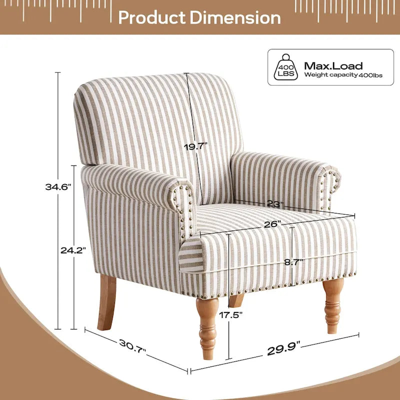 Fauteuil club moderne en lin gris/marron/bleu/bleu foncé avec accoudoirs arrondis et pieds en bois, un seul
