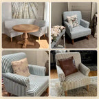 Fauteuil club moderne en lin gris/marron/bleu/bleu foncé avec accoudoirs arrondis et pieds en bois, un seul