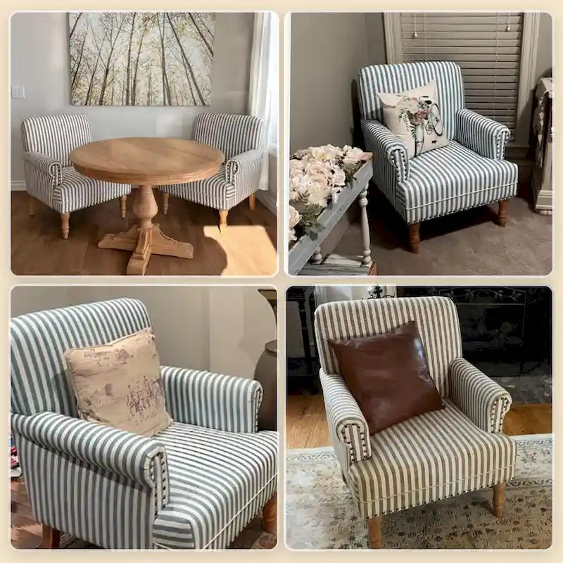 Fauteuil club moderne en lin gris/marron/bleu/bleu foncé avec accoudoirs arrondis et pieds en bois, un seul