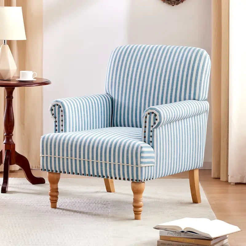 Fauteuil club moderne en lin gris/marron/bleu/bleu foncé avec accoudoirs arrondis et pieds en bois, un seul