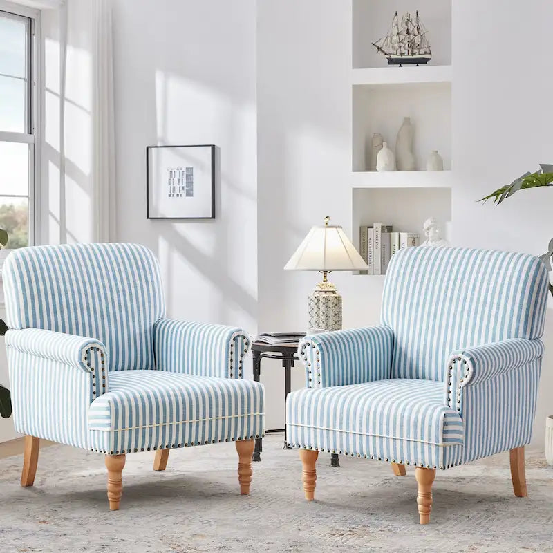 Fauteuil club moderne en lin gris/marron/bleu/bleu foncé avec accoudoirs arrondis et pieds en bois, un seul