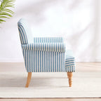 Fauteuil club moderne en lin gris/marron/bleu/bleu foncé avec accoudoirs arrondis et pieds en bois, un seul