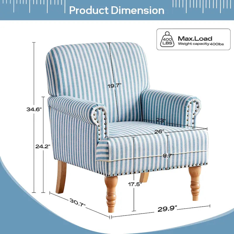 Fauteuil club moderne en lin gris/marron/bleu/bleu foncé avec accoudoirs arrondis et pieds en bois, un seul