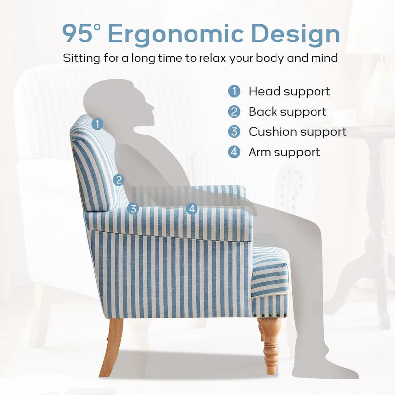 Fauteuil club moderne en lin gris/marron/bleu/bleu foncé avec accoudoirs arrondis et pieds en bois, un seul