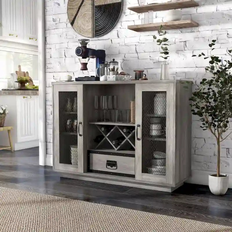 Buffet industriel avec rangement pour bouteilles de vin, chêne gris / chêne recyclé, 7 étagères