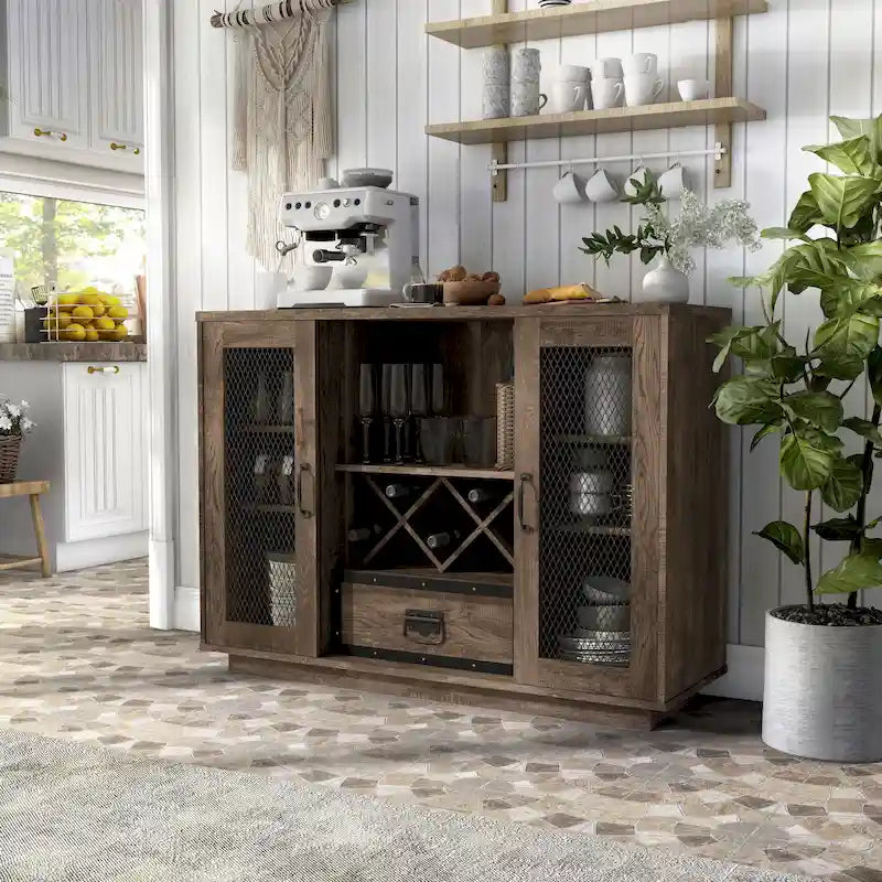 Buffet industriel avec rangement pour bouteilles de vin, chêne gris / chêne recyclé, 7 étagères